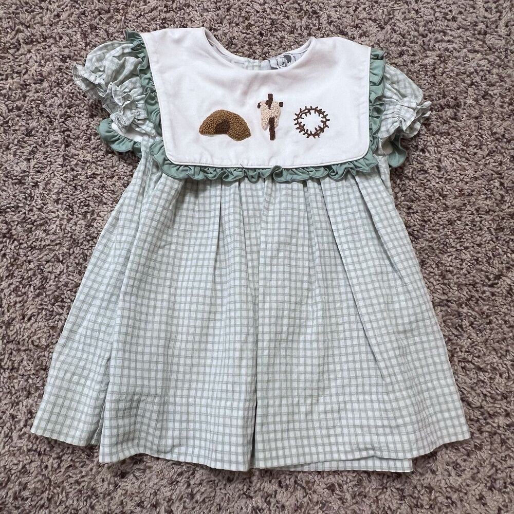 Smocked By Laya & Linc French Knot Green And White Girls Dress Size 24 Months